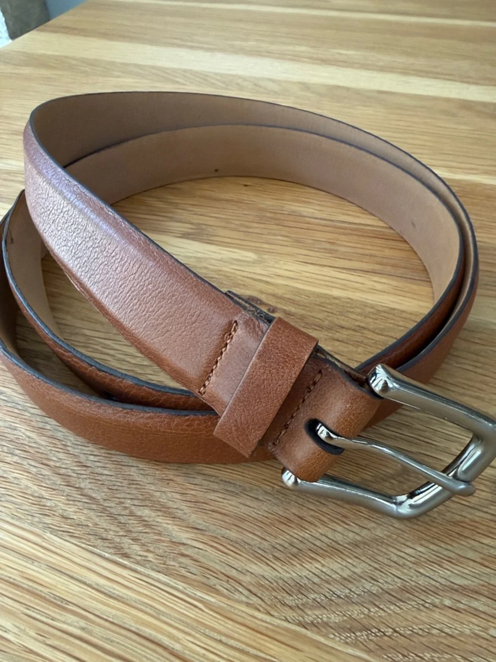 Men's Classic Tan Pebbled Leather 1.25” Belt with Silver Buckle. 46-48”